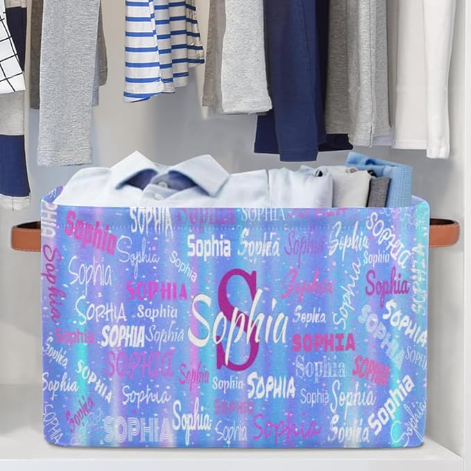 Personalized Storage Basket with Name, Rectangle Toys Storage Bin with Handles for Baby, Boys, Girls, Collapsible Basket for Clothes, Books, Romantic Gradient Blue