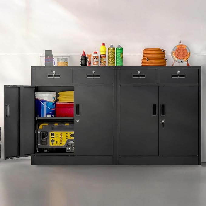 Wanfu Metal Storage Cabinet, 36" H Locking Storage Cabinet with 2 Drawers and Adjustable Shelf, Metal Cabinets for Office, Garage, Home-Black