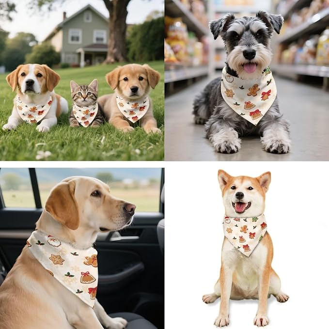 COEQINE Christmas Dog Bandanas Cute Gingerbread Beige Xmas Decor Dog Apparel & Accessories Pet and Owner Matching Outfits with Elastic Hair Tie Organizer Set 2 Pcs for Holiday Costum