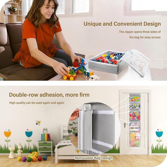 Over Door Toy Organizer, Hanging Stuffed Animal Storage with Removable Bags | Gray Toy Storage Case Behind Door for Block, Puzzle, Bi-Fold Closet Holder Idea with Mesh Pocket, Kid Boy Girl Nursery Room