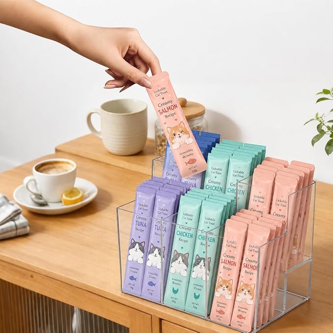 Lickable Cat Treats Organizer, Clear Acrylic Squeeze Up Storage Rack with 6 Compartments, Puree Tube Holder for Kitchen Pantry Cabinet Shelf Countertop