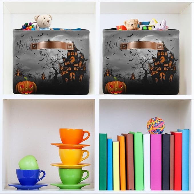Halloween Spooky Witch Castle Storage Basket Fabric Kitchen Baskets Black Bat Ghost Pumpkin Open Home Storage Bins Boxes Foldable for Candy Toy Decorations Baskets 2 Pack 16×12×8 Inches