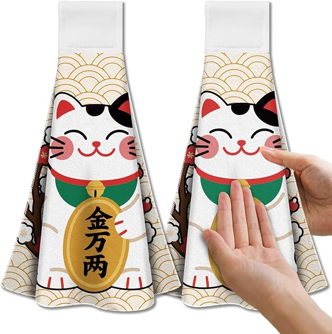 CUTHOLLOW Japanese Lucky Cat Hanging Kitchen Towels with Loop, Set of 2 - Soft & Super Absorbent Microfiber Decorative Hanging Dish & Hand Towel, Tea, Coffee Towel for Kitchen Bathroom Oven Handle