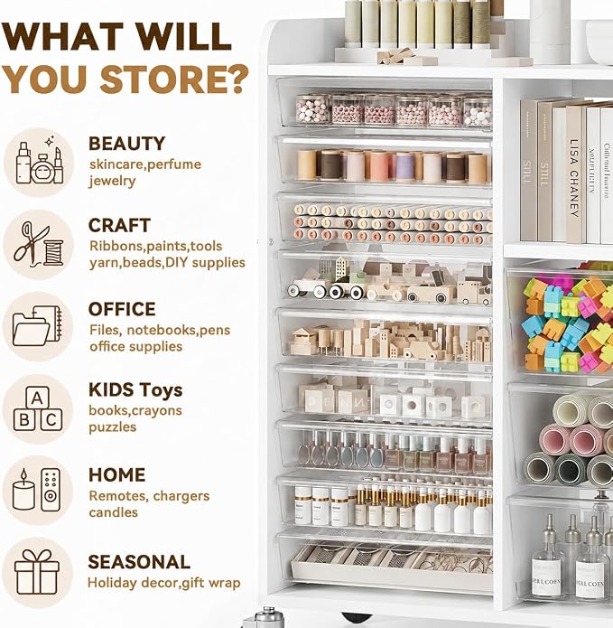 12-Drawer Storage Cabinet with Wooden Top and Open Shelf, White | Storage Furniture System with PET Clear Drawers, Lockable Wheels, for Craft Room, Makeup Vanity, Kids & Home Organization
