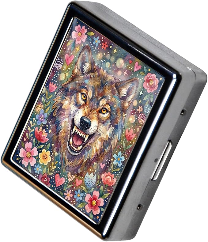 Weekly Pill Organizer, Metal Pill Box with 8 Compartments, Small Travel Pill Case for Purse Pocket, Medicine Vitamin Supplement Organizer (Floral Wolf)
