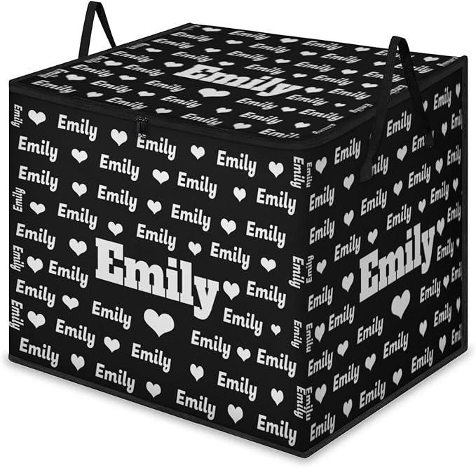 Custom Extra Large Storage Baskets Named with Lid, Personalized Storage Bins Basket Boxes Handles for Clothes Blanket Bedroom Closet Organizing Toys Shelves, Solid Black with Love Heart