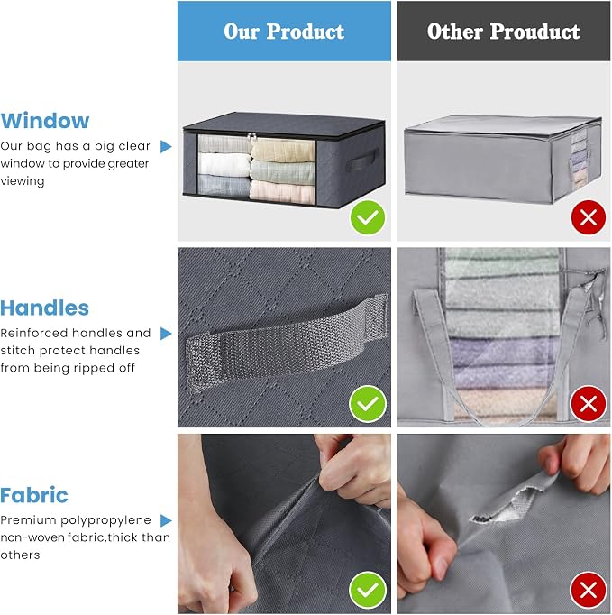 HomeHacks 3-Pack Clothes Organizer Storage Bags, 35L Storage Bins, Gray | Foldable Storage Box Container with Zippers, Clear Window, Reinforced Handles for Closet, Dorm, Pillows, Bedding, Sweater