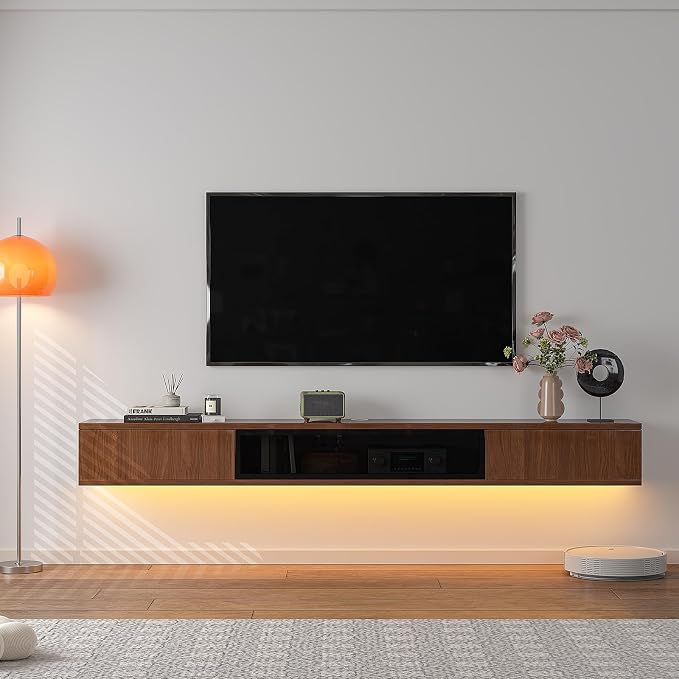 FurniNova 55" Floating TV Stand for 43 50 55 60 inch TV,Modern Plywood Wall Mounted Entertainment Center with Push-to-Open Doors, High Gloss Media Console,Small Space Floating Shelf,Walnut