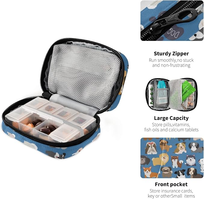 Naanle Cute Puppy Dog 7 Day Pill Case - Travel Organizer Bag With Zipper, Portable Weekly Compact Size for Vitamin Supplement Holder
