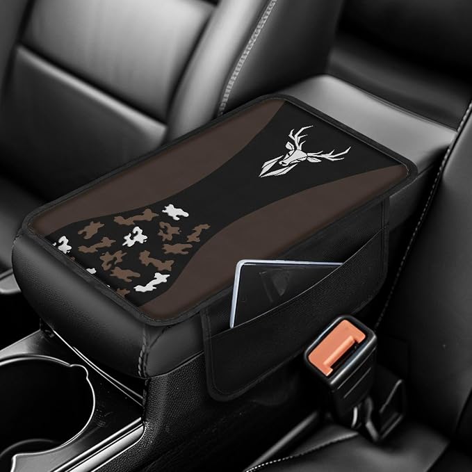 Howilath Brown Camo Deer Arm Rest Cover for Car Soft Non-Slip Console Pad | Machine Washable, with 2 Side Storage Bags, Fits Suv, Truck, Van, and Sedan