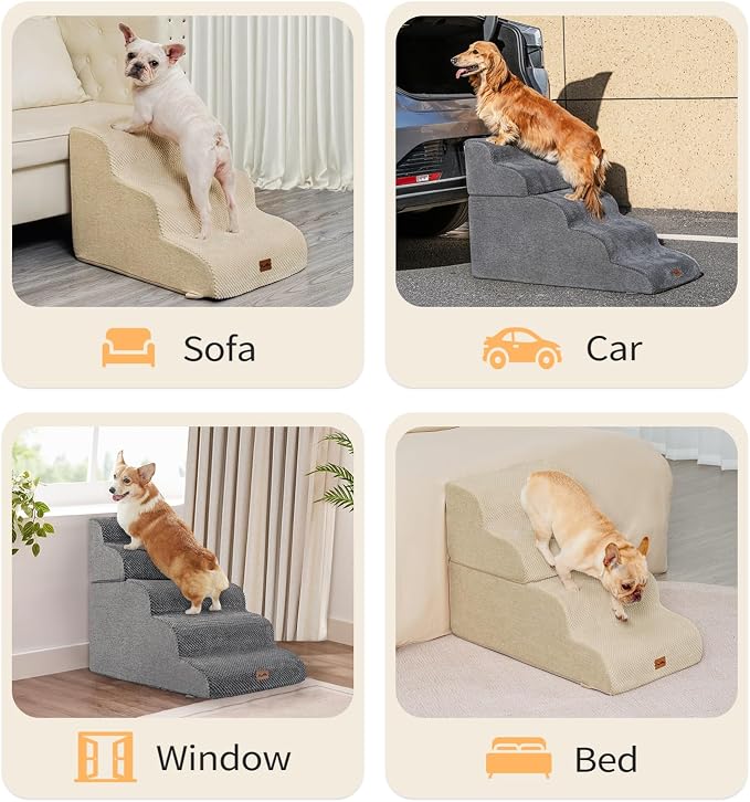 Made4Pets Dog Stairs Ramp for Bed 19.7" H, 4-Step Dog Steps for High Bed Couch Sofa Climbing, 35D Foam Pet Steps for Small Dogs and Cats, Non-Slip Bottom Pet Stairs, Beige