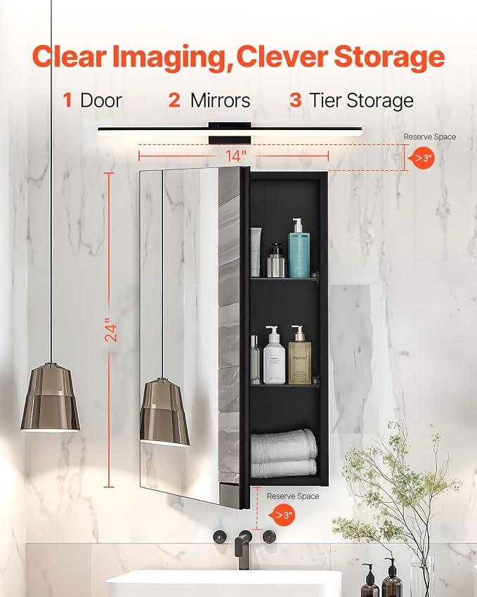 VEVOR Medicine Cabinet, 14 x 24 inches, Medicine Cabinet for Bathroom with Mirror, Aluminum Frame Bathroom Wall Cabinet, 2-Layer Adjustable Shelves, Recessed & Wall-Mounted Installation