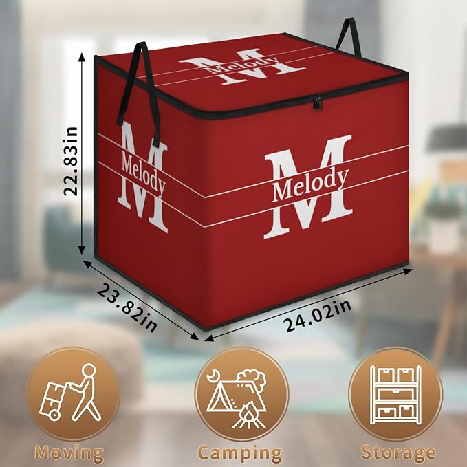 Personalized Extra Large Storage Basket with Lid, Comforters, Initial Letter Bedding Toys Red Color Storage Bin with Handles for Home, Collapsible Basket for Clothes, Moving, Car Trunk