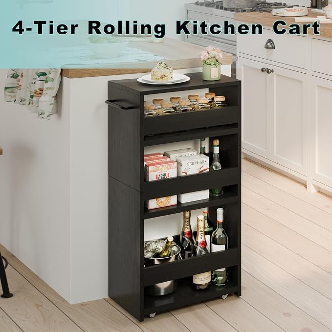 MARTY Slim Rolling Storage Cart, Wood Utility Kitchen Bathroom Laundry Cart | 4 Tier Kitchen Cart with Wheels Handle, Laundry Room Organization Between Washer and Dryer, Narrow Storage Cabinet, 8” Wide