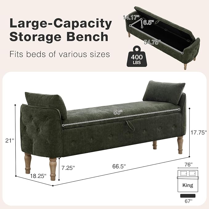 67"End of Bed Storage Bench King Size,Upholstered Bedroom Bench,Green | Linen Storage Bench for Bedroom End of Bed ,2 Cushion, Vintage Wood Legs ,Tufted,Storage Ottoman Bench for Entryway Window