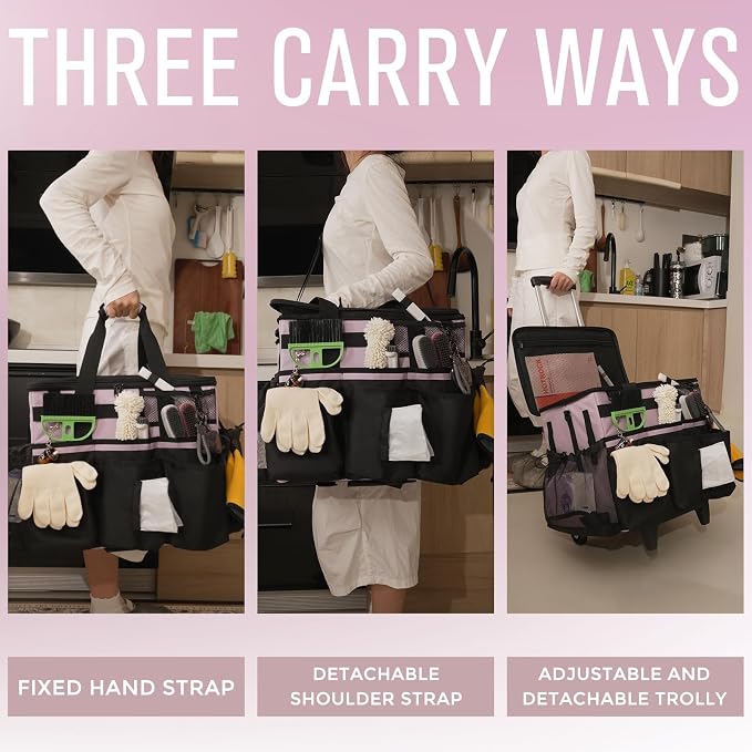 SCAVATA Rolling Cleaning Caddy Bag with Detachable Trolley, Large Cleaning Supplies Organizer with Wheels, Multi-Pocket Cleaning Cart with Adjustable Shoulder Strap for Housekeepers (Lilac)