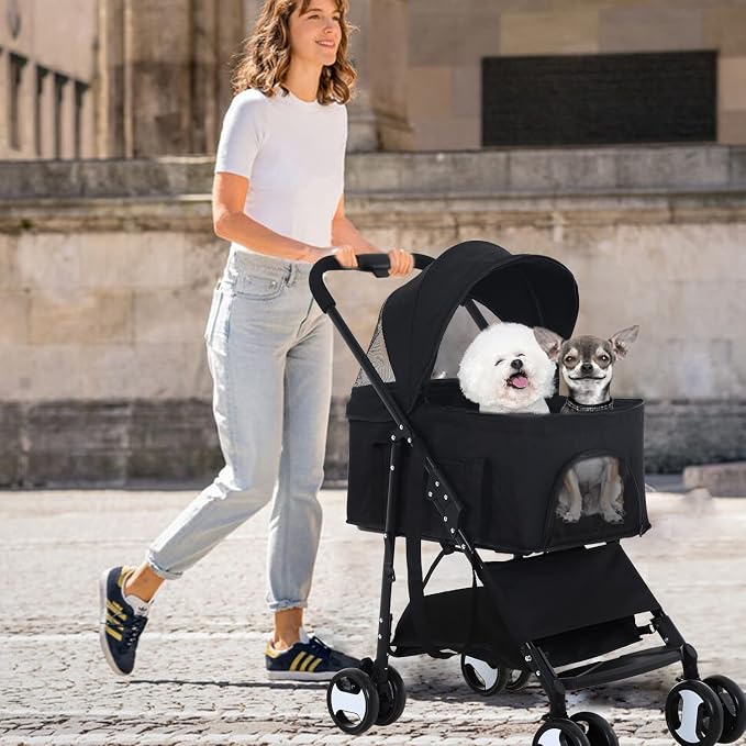Dog Stroller 3-in-1 Folding Dog Stroller for Medium Small Dogs Pet Stroller Cat Stroller 4 Wheels with Detachable Carrier Storage Basket Waterproof Lightweight for Travel,Black