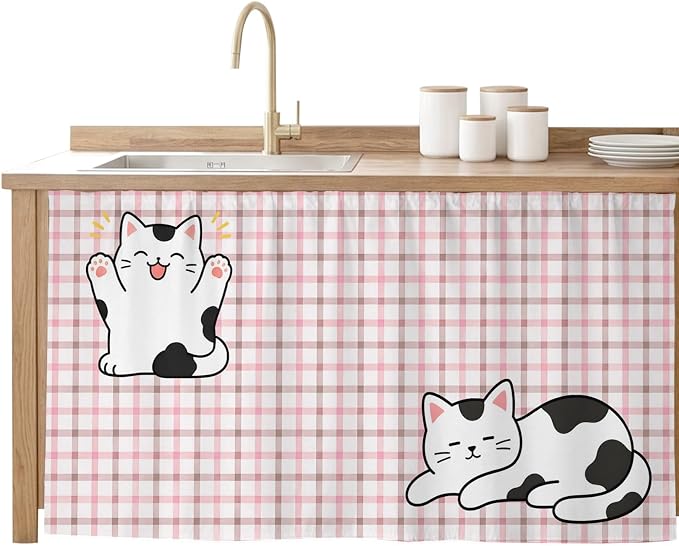 Cute Cat Sink Skirt for Bathroom, Self-Adhesive Under Sink Curtain, Pink Brown Checked Modern Pet Cats Rustic Hide Pipes & Storage Fabric Cabinet Skirt Cover for Kitchen Laundry 32"x55"