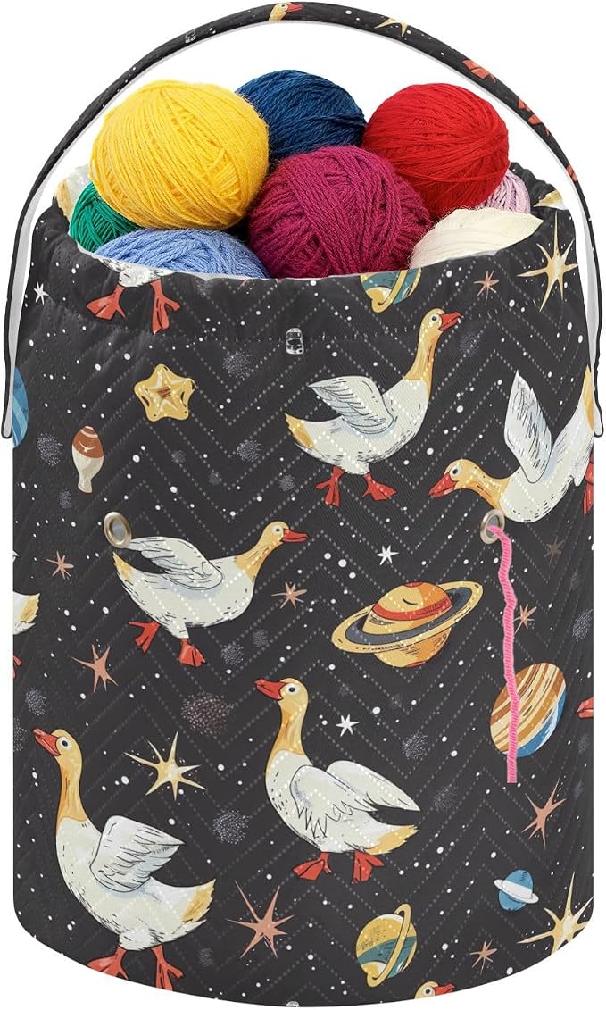 Fustylead Cute Geese in Space with Planets Stars Moon Knitting Yarn Storage Tote Basket, Durable Polyester Large Crochet Drawstring Bag for Crocheting Project, Sewing Supplies, Needles