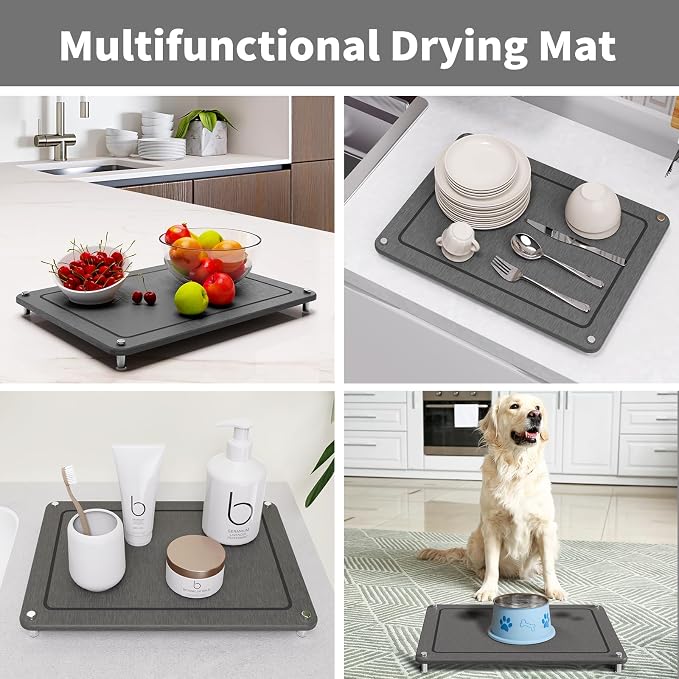 Dish Drying Stone, Water Absorbing Stone Dish Drying Mats for Kitchen Counter, Non-Slip Stone Drying Sink Tray Pad for Dish Bottles Cups, Diatomaceous Earth Sink Caddy Organizer, Grey