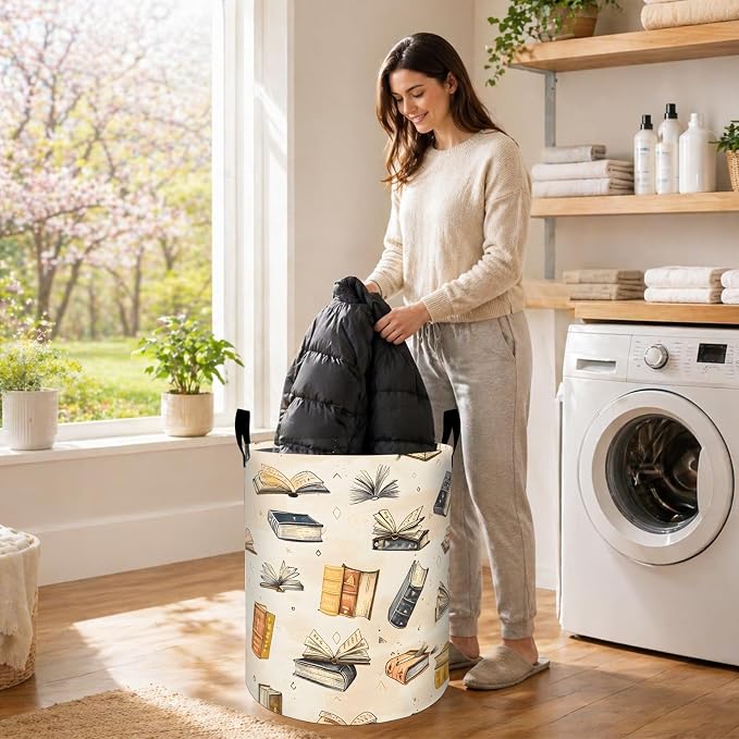 Vintage Book Laundry Basket, Literary Reading Oxford Cloth Dirty Clothes Collapsible Hamper for Room Decor, Book Lover Gifts, Toy Organizer 19.7 x 15.7 Inches for Bedroom Bathroom Dorm