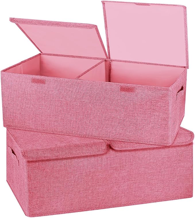 2 Pack Large Storage Boxes with Lids and Handles, Collapsible Linen Storage Bins Organizer Containers Baskets Cube with Removable Divider for Home Bedroom Closet Office (Pink, Small)