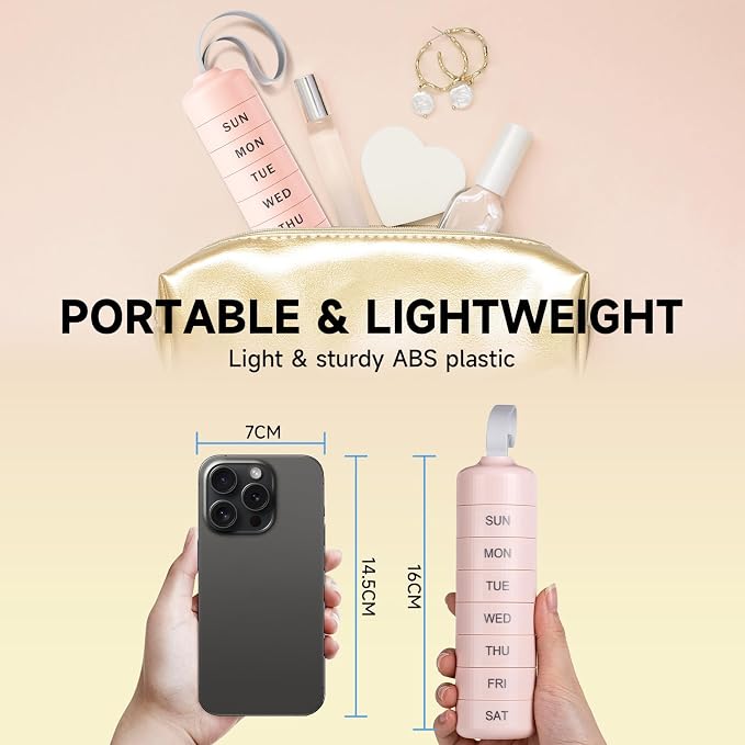 Betife Travel Pill Organizer, 7 Day Stackable Weekly Pill Case - Pink | Daily Pill Container with 7 Large Stackable Compartments, Sturdy ABS Snap-lock, No Metal-on-Metal Friction, Portable Pill Box