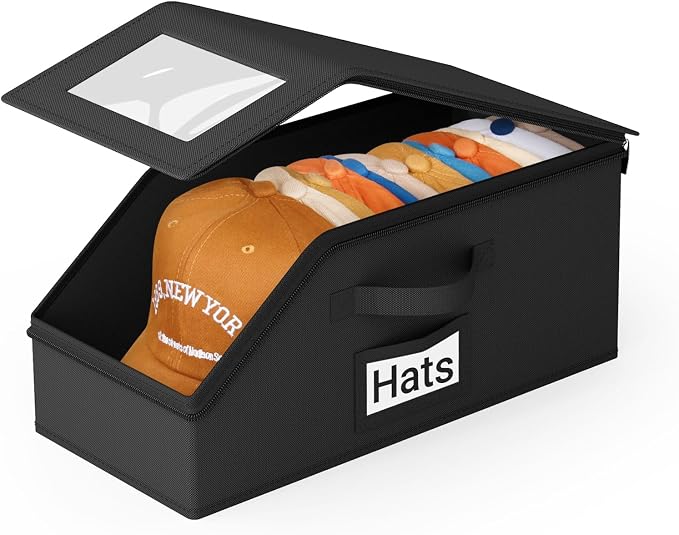 AOODA Stackable Hat Storage Box for Baseball Caps, Holds 12 Caps | Hat Organizer for Closet, Sturdy Hat Boxes for Men, with Cardboard, Space-Saving, Pure Black