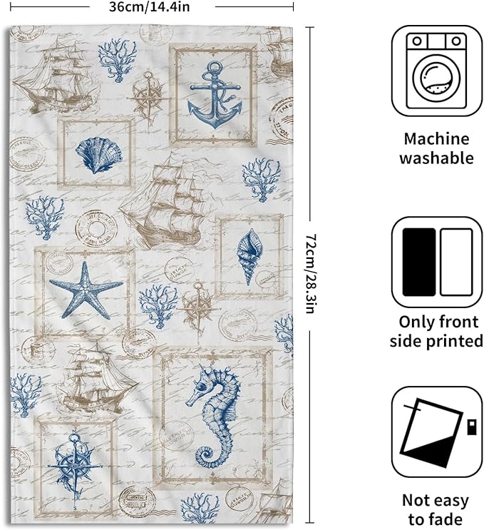 Giwawa 2PCs Vintage Nautical Towel Retro Coastal Coral Sailboat Compass Hand Face Towels Summer Seahorse Seashell Soft Microfiber Dish Towel for Bathroom Guest Gym Spa Hotel Season Decor