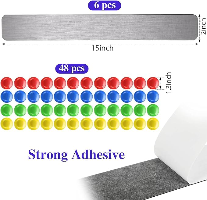 Outus 6 Pcs Magnetic Wall Strips 15" x 2", 48 Magnets, Silver | Metal display strips for notes, photos and memos; ideal for office, home, classroom and workspace.