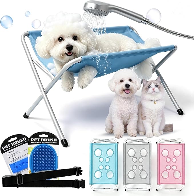Dog Bath Rack, Foldable Pet Shower Grooming Stand with Mesh Hammock, Portable Dog Bath Table for Shower and Nail Care, Stable Frame Support for Puppies Cats and Small Breeds, Blue