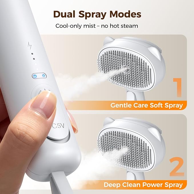 Self Cleaning Shedding Steam Cat Brush, Silicone Scraper Included Dog Brush, primecat, Cat Brushes for Shedding, USB Rechargeable, for Grooming & Haired Pets, Dogs & Cats, White