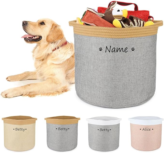 Personalized Dog Toy Storage Basket Bin - Collapsible Customized Pet's Name Round Storage, Box Organizer for Dog Toys、Clothing、Apparel & Accessories (Yellow+Grey)