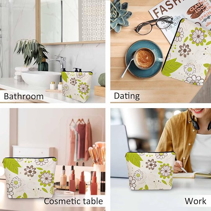 Floral Green Makeup Organizer Bag Cosmetic Bag For Men Women, Blossom Flower Orchard Flower Leaves Travel Toiletry Bag Flax Makeup Bags Purse Business Makeup Pouch For Toiletries Cosmetics
