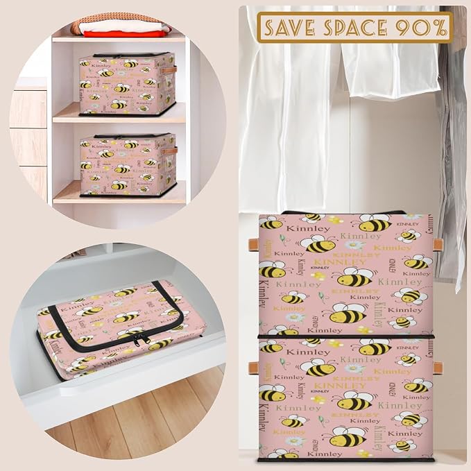 Custom Black Rectangular Baby Storage Basket with Zipper Lid, Kids Toys Bin, Books Shelf Basket, Clothes Towel Storage Bin for Nursery, Gift Basket, Coral Pink, Cartton Bee with Floral