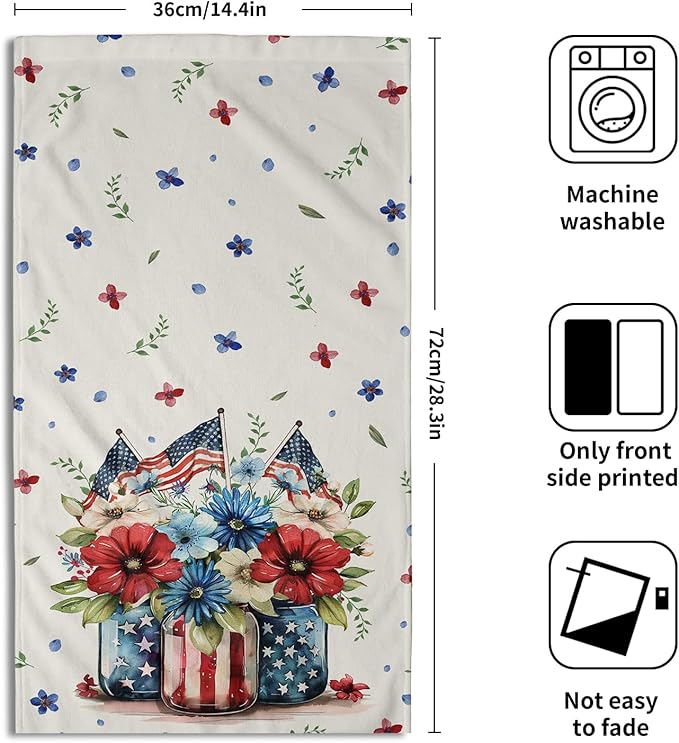 Giwawa American Patriotic Floral Hand Towels for Bathroom Red Flower Vase Decorative Kitchen Towel Memorial Day Soft Fingertip Dish Guest Towels