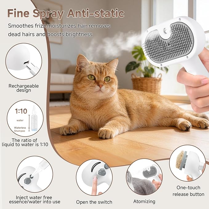 Pet Steam Brush for Dog & Cat - Pet comb leave-inserum for Shedding & Hair Removal - Self Cleaning Spray Comb with Mist for Long Haired Pets - Includes 2*Waterless Shampoo, Grey