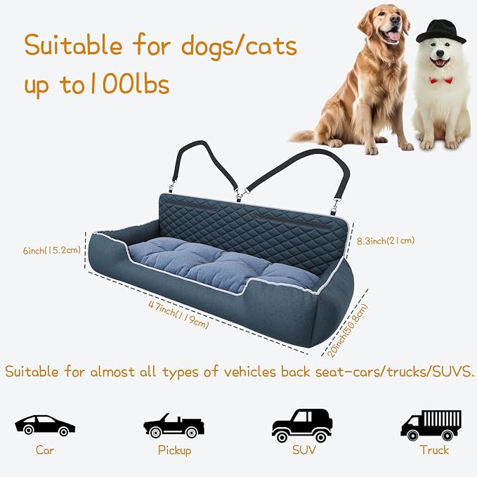 Large Dog Car Seat for SUV & Truck Dog Bed for Car Back Seat | High Back Booster Bench with Safety Tether & Storage Pocket Washable Thick Cushion Bed for Medium Large Dogs up to 100 lbs