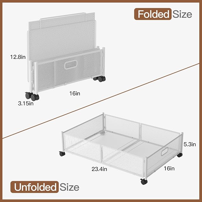 Gawerk Under Bed Storage with Wheels, Foldable Metal Mesh Underbed Storage Container Bins, Tool-free Assembly Clothes Drawer Organizer, 2Pack