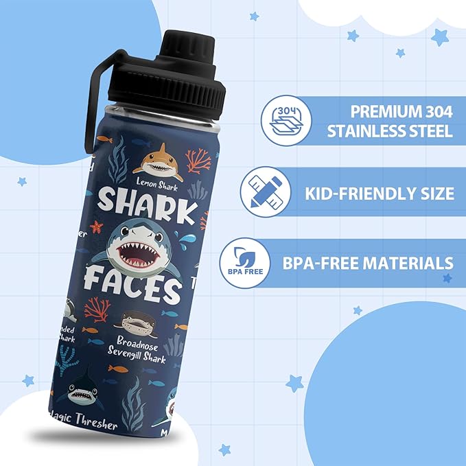 Shark Gifts for Boys, 18 oz Stainless Steel Water Bottles with 2 Lids, Insulated Water Bottle with Straw, Shark Cups for Travel Sports Outdoor, Birthday Christmas Gifts for Boys Ocean Animals Lovers