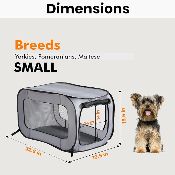 Portable Collapsible Pop Up Kennel, 32.5"L x 19.5"W x 19.5"H, Gray | Collapsible indoor/outdoor travel cat and dog crate with mesh screen windows pops up and folds flat for easy storage