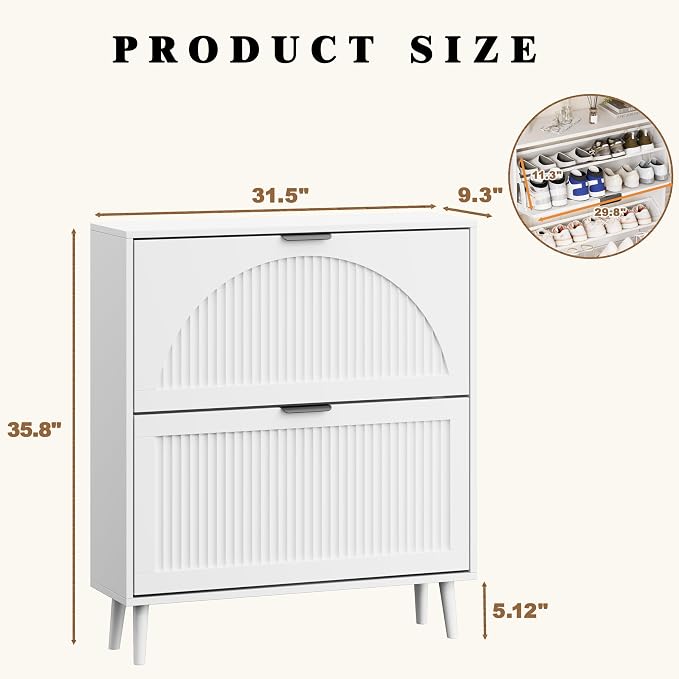 Shoe Storage Cabinet with 2 Flip Drawers, Narrow Wood Shoe Organizer Cabinet with Fluted Panel, Slim Shoe Rack for Entryway, Freestanding Shoe Cabinet for Living Room, Hallway, White