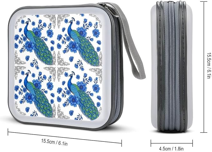 DVD Storage Binder for 40 Discs Peacock And Vintage Botanical, Hard Shell Protective Wallet with Handle, Portable CD Organizer for Car Travel