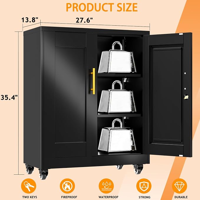 Small Metal Storage Cabinet with Wheels, Lockable Tool Cabinet with Doors | 2 Adjustable Shelves, Locking Doors, Magnetic Closure, Rolling Base, Compact 27.6-Inch Width, Cold-Rolled Steel