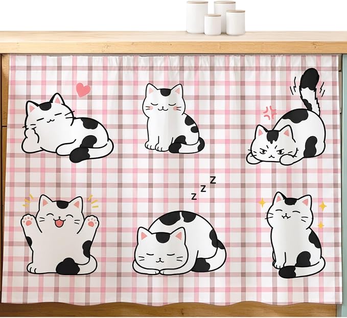 Cute Cat Sink Skirt 11"Wx13"L,Dustproof Under Sink Curtain with Self Adhesive Tape,Modern Playful Pet Cats Pink Brown Plaid Cabinet Curtain Cover for Bathroom Vanity,RV,Kitchen Cabinet Storage Shelf