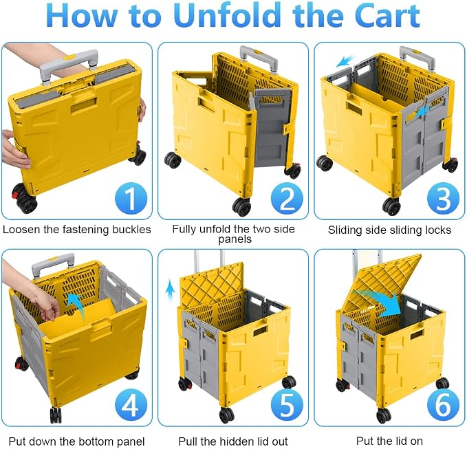 Foldable Shopping Utility Cart Portable Rolling Crate Handcart with 360°Rotate Wheel,Hidden Lid,Telescoping Handle Collapsible for Travel Shopping Moving Storage Office Use(Yellow/Gray)