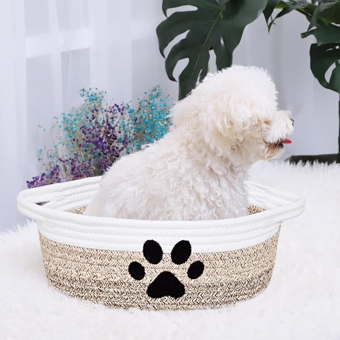 ABenkle Small Woven Basket with Handle, Cute Dog Paw Baskets for Gifts Empty, Decorative Rope Woven Storage Dog Toy Basket, Nursery Baskets for Baby Shower, 12" x 8" x 5"