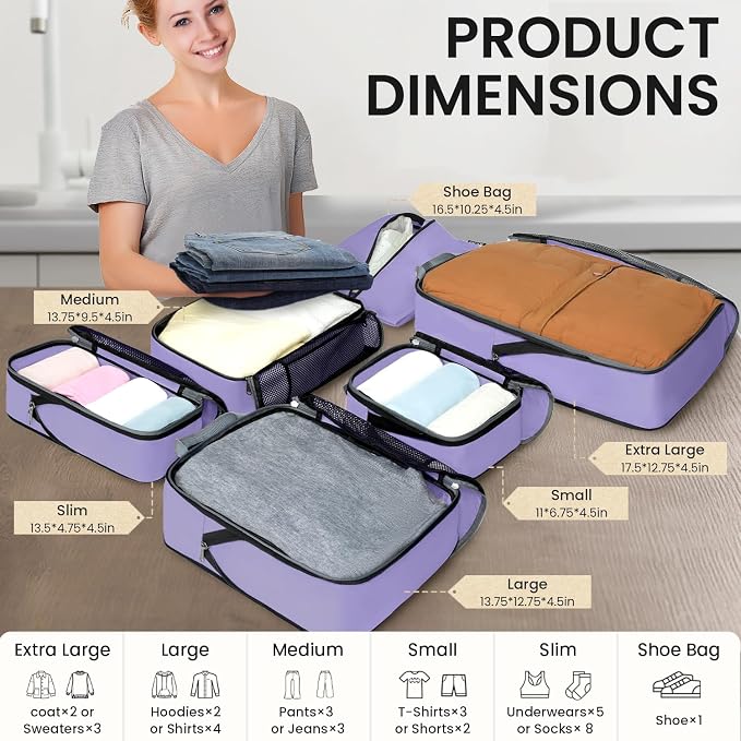 BAGAIL 4 Set/6 Set/8 Set Compression Packing Cubes Travel Accessories Expandable Packing Organizers (Half Mesh, 6-Lavender)