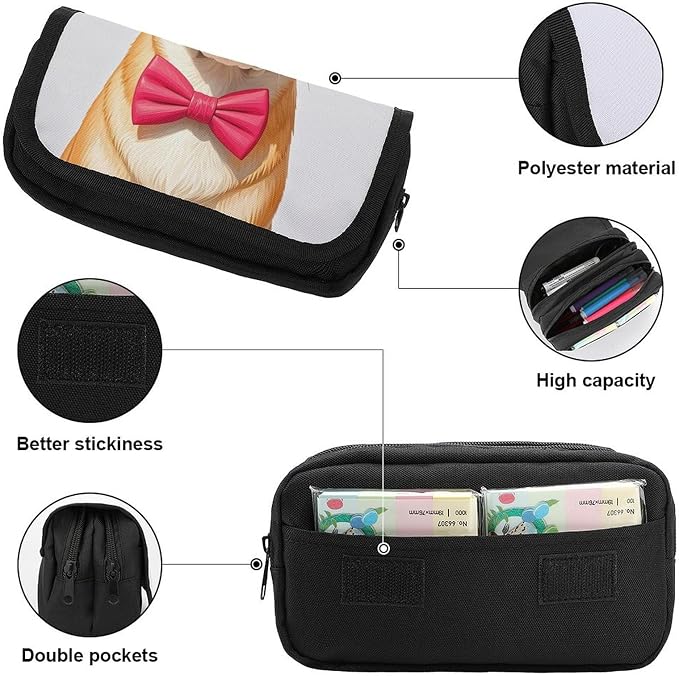 Pencil Bag Pet Dog Soft Bow Tie, Oversized Glasses Pencil Pouch Large Capacity Pen Box Double Zipper Storage Bag 2 Compartments Portable Multifunctional Bag Desk Organizer Pen Case