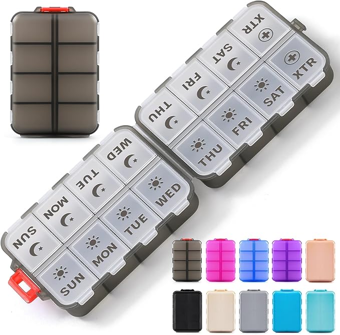 Foldable Weekly Pill Organizer 2 Times a Day with 2 Extra Compartments - Etched Label - Portable 7 Day AM PM Medicine Box, Week Daily Travel Pill Case Holder for Meds, Vitamin, Supplement, Clear Black